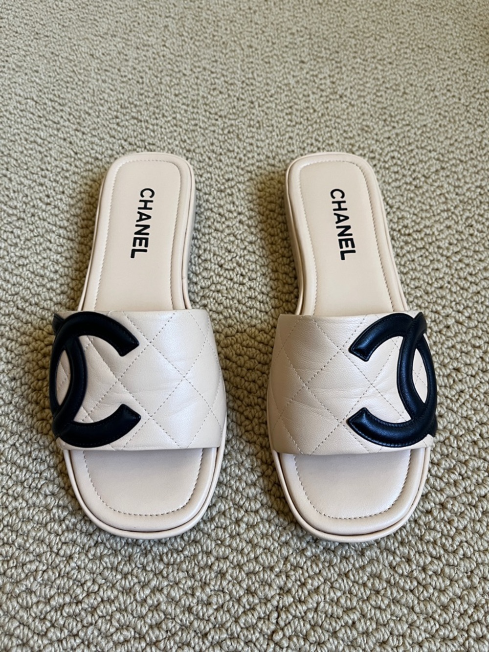 CHANEL Vintage Quilted Beige Slide Mules Sandals